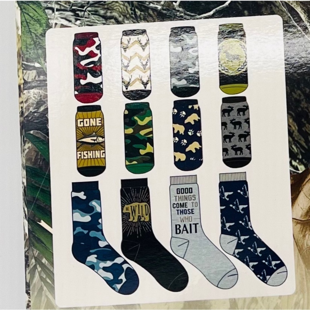 NWT Outdoorsmen 12 Days of Socks Boxed Sock Set Camo Hunter Deer Fishing Mens
